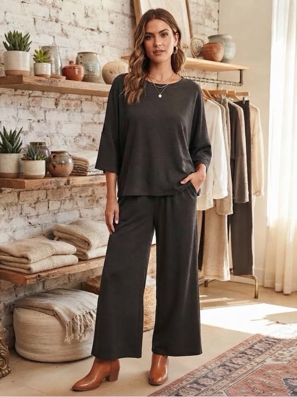 Max Studio Wide-Leg Pants and Boxy Top Set - Chocolate Brown Size Large